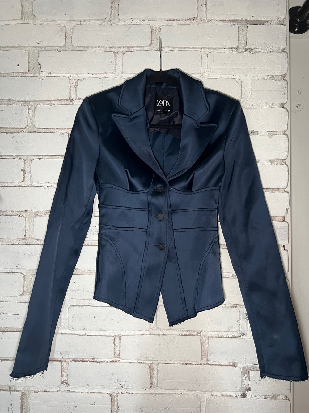Zara Dark Navy Satin Fitted Blazer with bustier and deconstructed hems